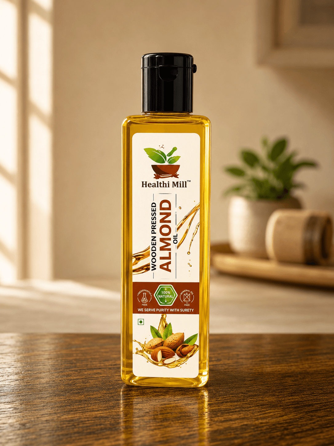 Bottle of Healthi Mill almond oil