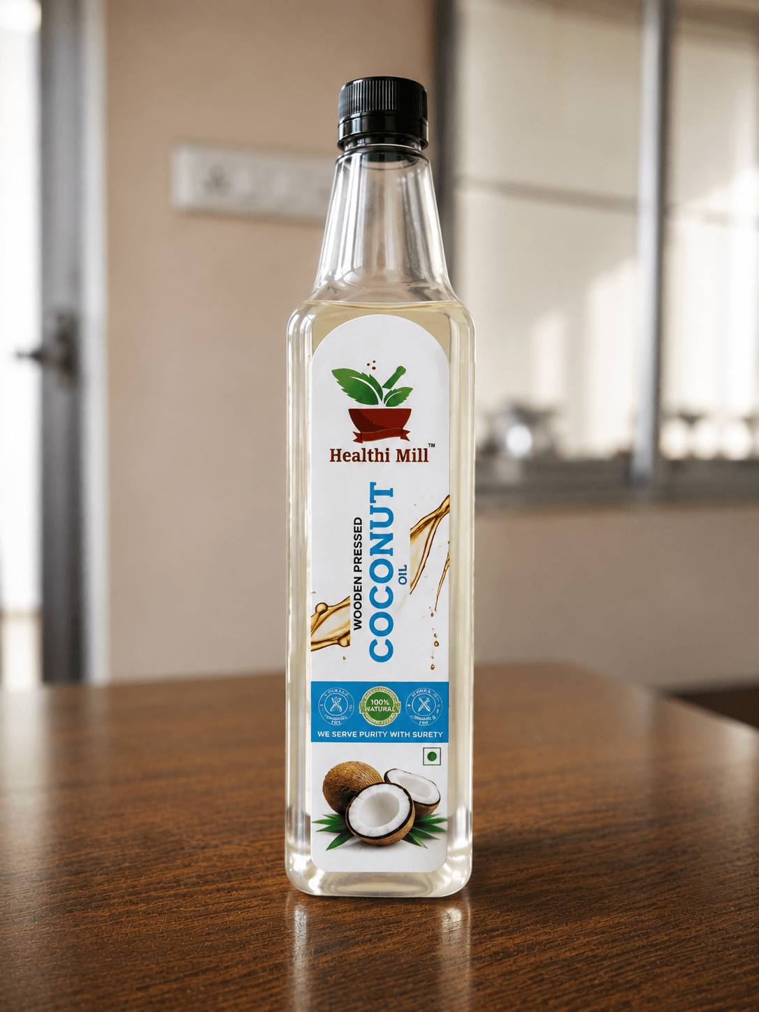 Bottle of Healthi Mill coconut oil