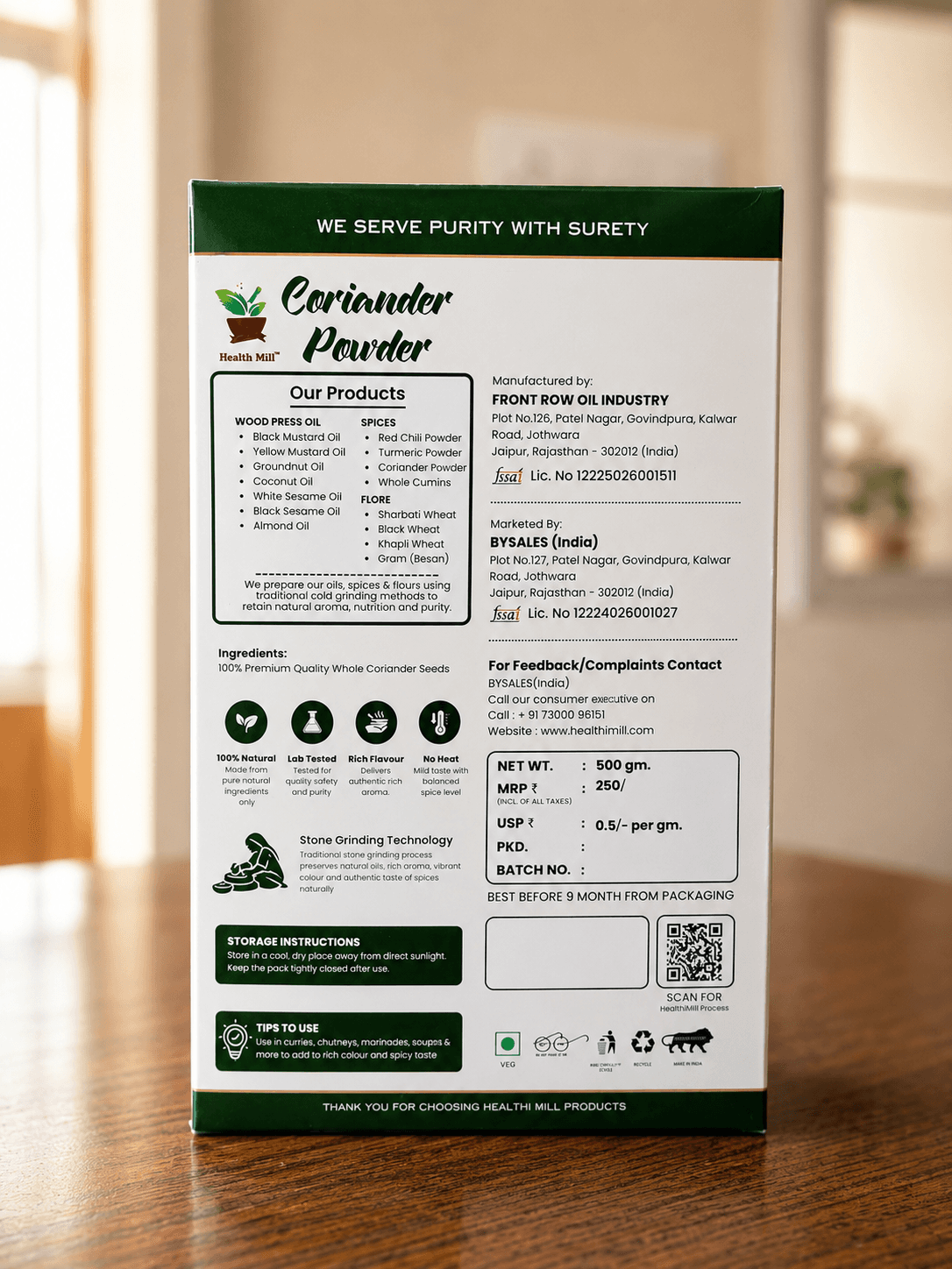 Label details on the back of the coriander powder box