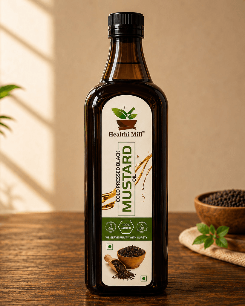 Bottle of Healthi Mill cold pressed mustard oil