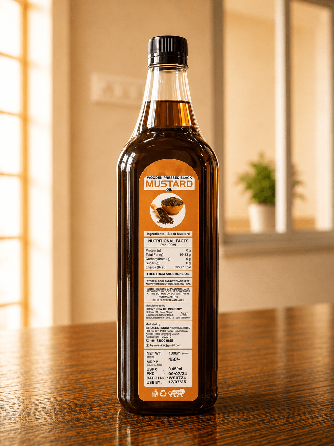 Label details on the back of the wooden pressed mustard oil bottle