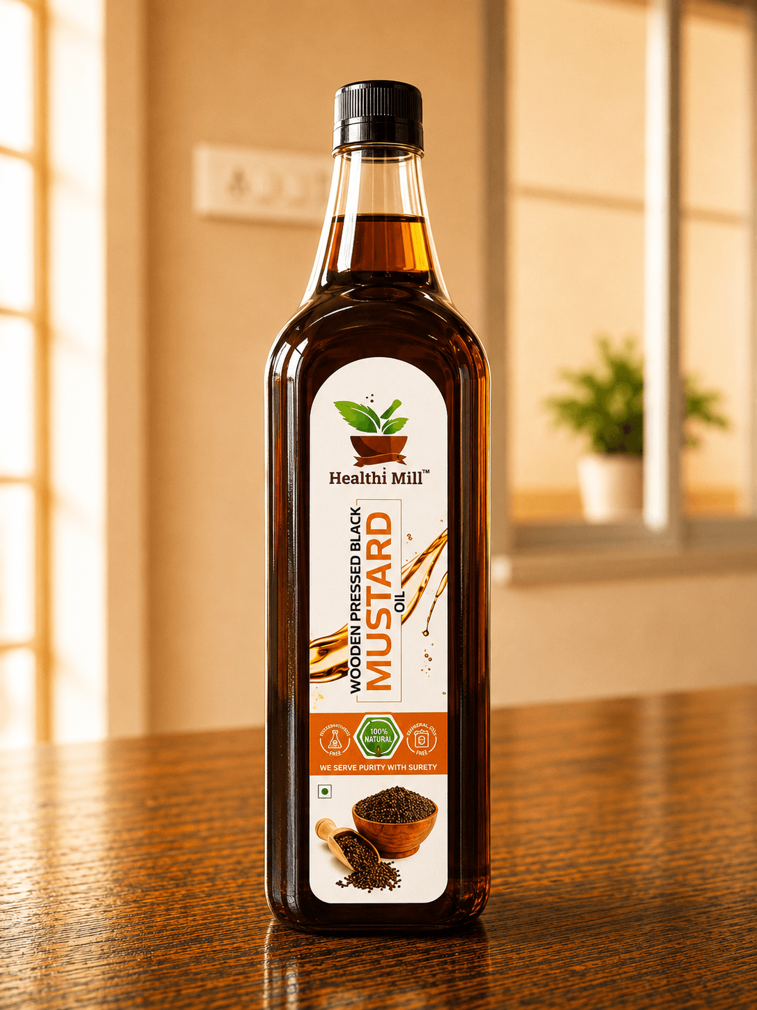 Bottle of Healthi Mill wooden pressed mustard oil