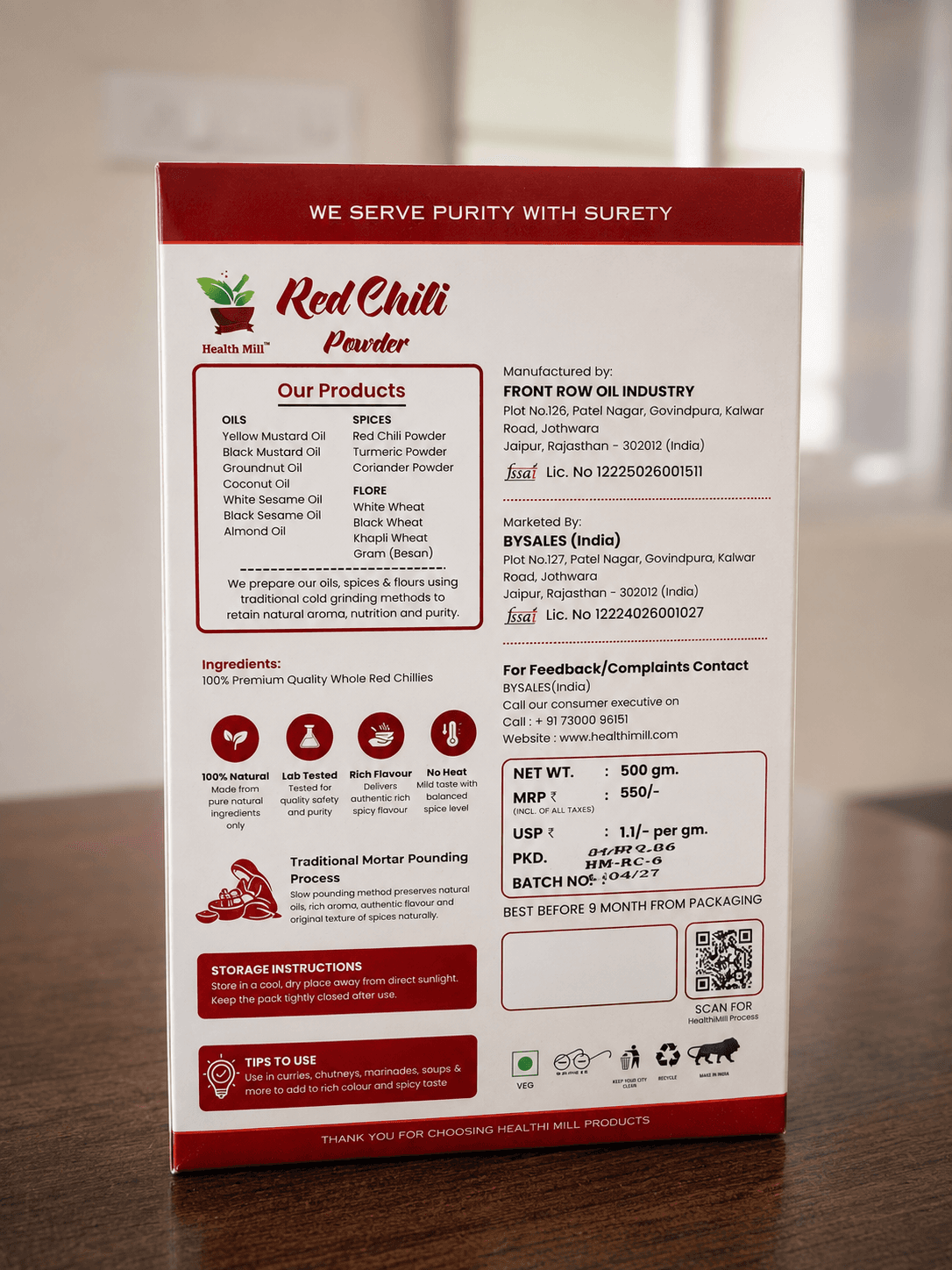Label details on the back of the red chilli powder box